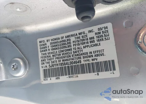 2004 Honda Element Ex z USA, uszkodzony, nr VIN 5J6YH18564L004649